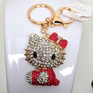 Hello Kitty Rhinestone Keychain Bright Red and Gold Tone